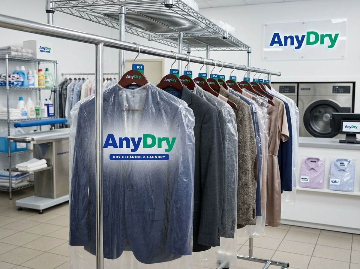 Dry-cleaned garments on hangers under AnyDry covers