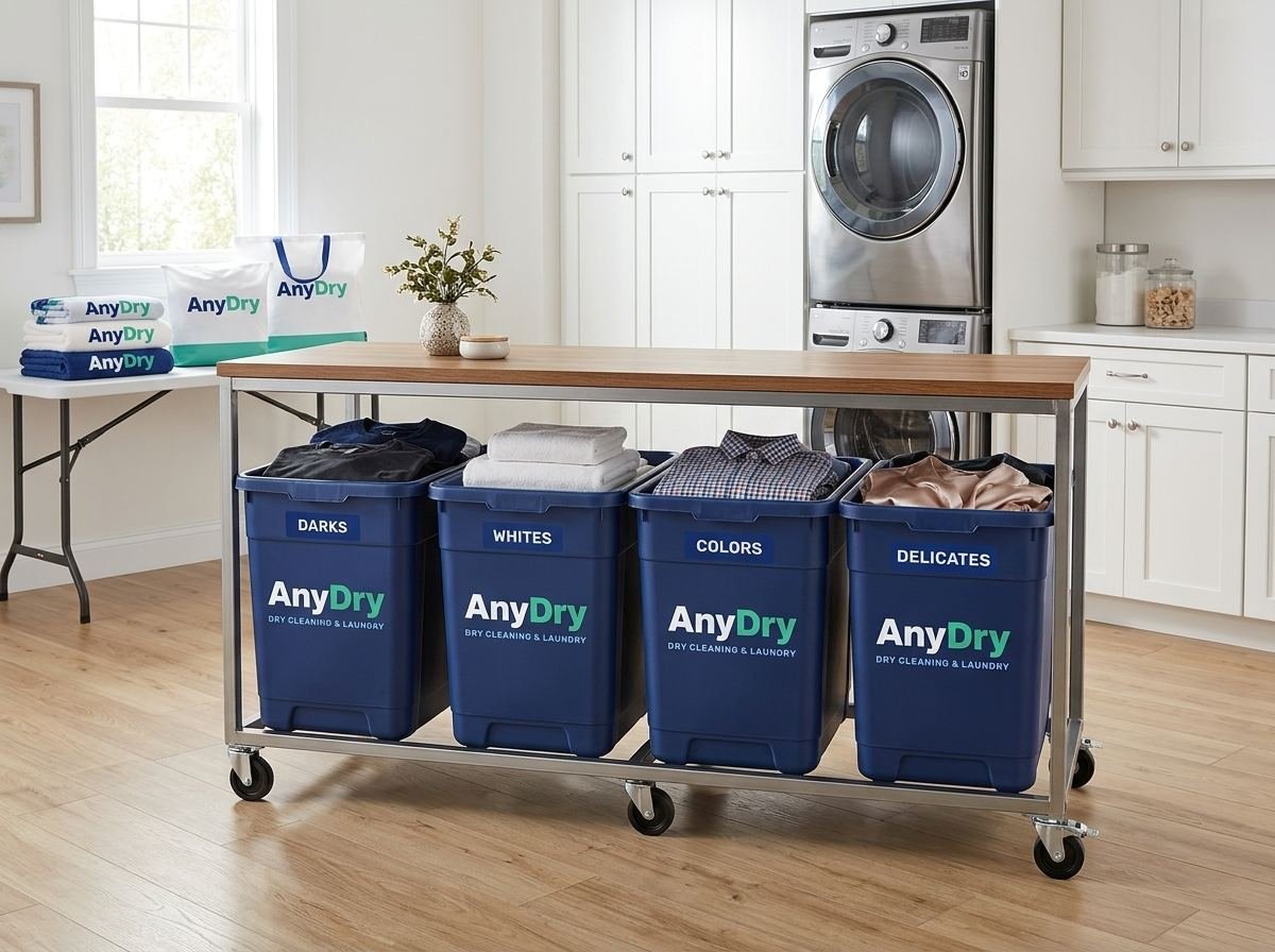 AnyDry sorting station with bins for darks, whites, colours and delicates